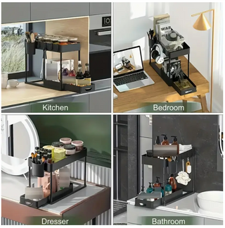 Sunvega Two-Tier Extendable Sink Shelf for Maximizing Cabinet Storage Space