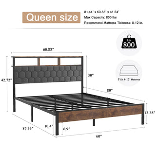 Sunvega Queen Bed Frame with Vintage Shelf Headboard and USB Charging Station