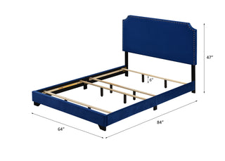 Sunvega Blue Velvet Queen Upholstered Bed with Nailhead Trim Accent