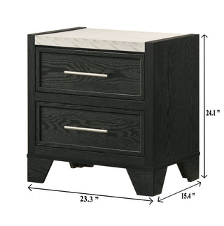 Sunvega Modern Nightstand with Faux Marble Top Two Drawers Black Finish
