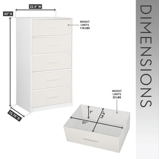 Sunvega White 5-Drawer Dresser with Spacious Fabric Drawers for Bedroom Storage
