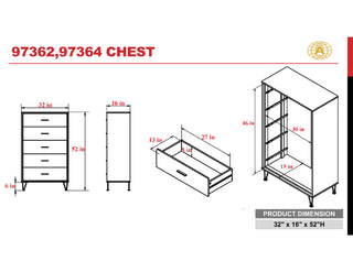 Sunvega 5-Drawer Chest with Wooden Case-Frame and Chrome Metal Legs