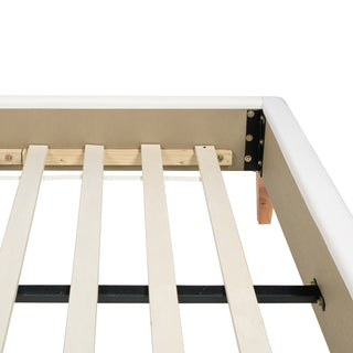 Sunvega Upholstered Platform Bed with Rattan Panels and Ivory Fabric for Bedroom