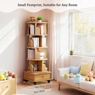 Sunvega 360° Rotating Bookshelf with Wheels and Drawer for Space-Saving Storage