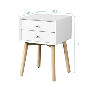 Sunvega Mid-Century Modern Bedside Table with 2 Drawers and Rubber Wood Legs