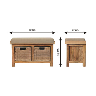 Sunvega Solid Mango Wood Linen Bench with 2 Removable Rattan Storage Baskets