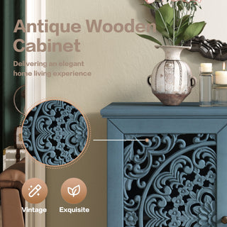 Sunvega Antique Green Buffet Cabinet with Floral Carvings and Solid Wood Legs for Living Room