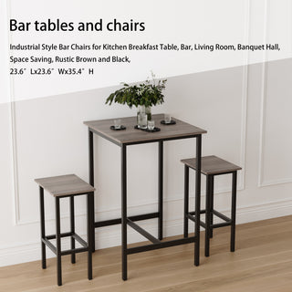 Sunvega Grey Minimalist Bar Table Set with 2 Industrial Stools and Iron Frame