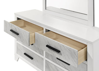 Sunvega White Rubberwood Nightstand with Faux Marble Inset and Black Bar Pulls