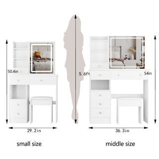 Sunvega Small Size Left Drawer Vanity Table with Adjustable LED Mirror and Stool