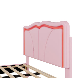 Sunvega Pink Twin Size Upholstered Bed with Height-Adjustable Headboard and LED Light Strips