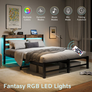 Sunvega Twin Size Heavy Duty LED Bed Frame with USB Charging and Headboard