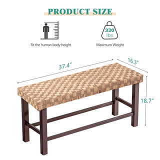 Sunvega Handwoven Seagrass Dining Bench with Cushion and Adjustable Foot Pegs for Farmhouse Kitchen