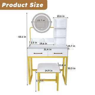 Sunvega White Makeup Vanity Table with LED Lights Power Outlet and 2 Drawers