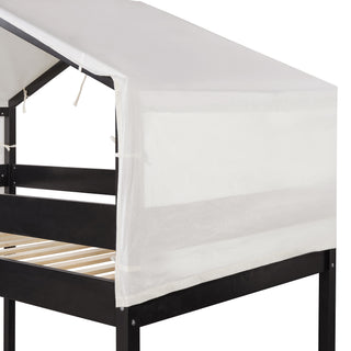 Sunvega Twin Over Twin Wood Bunk Bed with Playhouse Tent for Kids Room