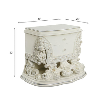 Sunvega Antique White Finish Nightstand with 2 Scrolled Floral Storage Drawers