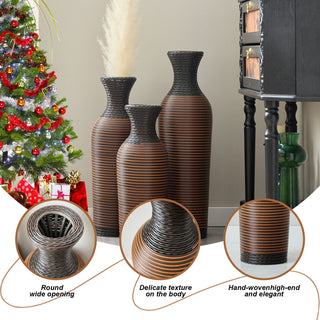 Sunvega Hand-Woven PVC Rattan Vases Set of 3 Brown Farmhouse Floor Decor