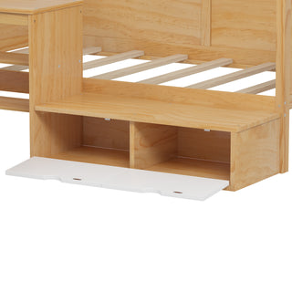 Sunvega Natural Wooden Twin Size Daybed with Storage Shelves and Study Desk