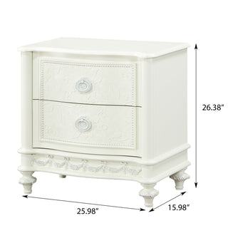 Sunvega Ivory Nightstand with Two Drawers and Floral Details for Bedroom
