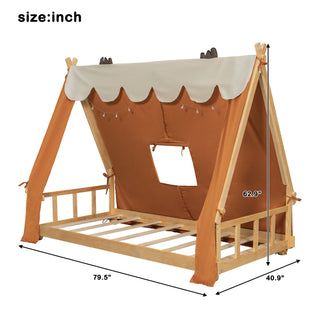 Sunvega Twin Size Brown House Bed with Detachable Tent and Light for Kids