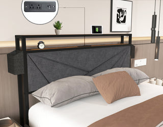 Sunvega Queen Upholstered Bed Frame with Headboard LED Lights Charging Station and 4 Storage Drawers