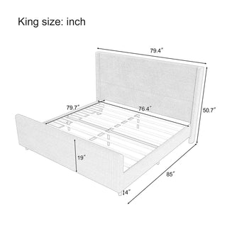 Sunvega Cream Queen Size Corduroy Upholstered Bed Frame with Winged Headboard