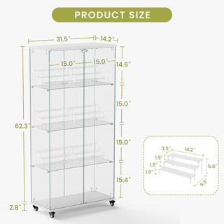 Sunvega 4 Tier Glass Display Cabinet with Lock and Wheels for Living Room