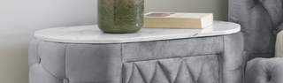 Sunvega Oval Faux Marble Top Nightstand with Two Drawers and Button Tufted Black Fabric
