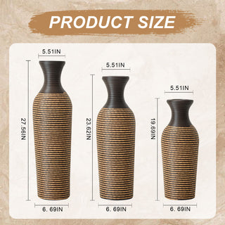 Sunvega Hand-Woven PVC Rattan Vases Set of 3 Brown Farmhouse Floor Decor