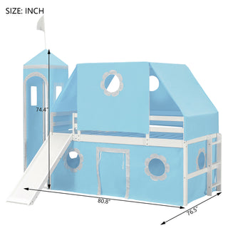 Sunvega Twin Size Loft Bed with Slide Blue Tent and Playhouse Tower for Kids