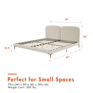 Sunvega King Ivory Velvet Upholstered Platform Bed with Foam Padded Headboard