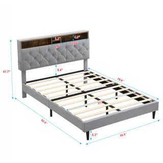 Sunvega Queen Size Upholstered Platform Bed Frame with USB Ports and Storage Headboard