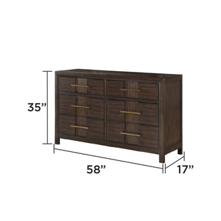 Sunvega Modern Walnut 6-Drawer Dresser with Gold Handles for Bedroom Storage