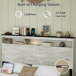 Sunvega Queen Bed Frame with LED Lights Headboard Charging Station and Hidden Storage