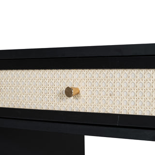 Sunvega Queen Size Wooden Platform Bed with Natural Rattan Headboard and Wooden Slat Support