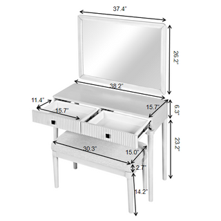 Sunvega Modern Vanity Desk with Mirror and Stool, White Makeup Table with Two Large Drawers