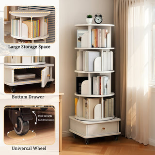Sunvega 360° Rotating Bookshelf with Wheels and Drawer for Space-Saving Storage