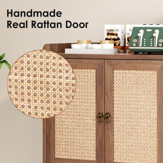 Sunvega Medieval Style Buffet Cabinet with Rattan Doors and Baffle Strip Design