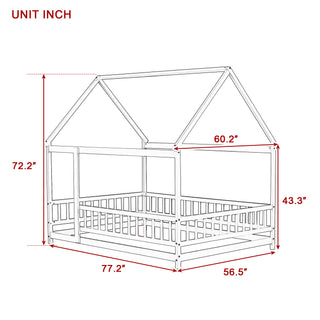 Sunvega Natural Wood House Roof Frame Floor Bed with Safety Guardrails