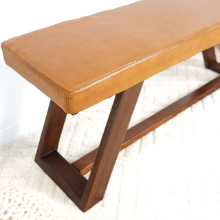 Sunvega Genuine Leather Upholstered Bench With Solid Wood Legs In Tan