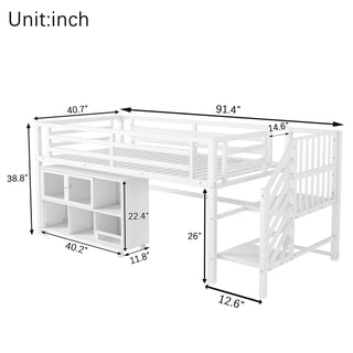 Sunvega Low Twin Metal Loft Bed with Stairs and 6 Rolling Storage Cubbies for Kids