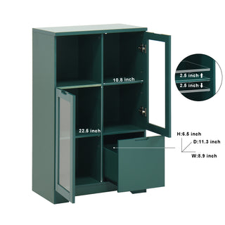 Sunvega Green MDF Cabinet with Glass Doors and Drawer for Bedroom Living Room