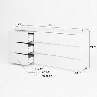 Sunvega Modern White 9 Drawer Storage Dresser with No Handles for Bedroom Living Room