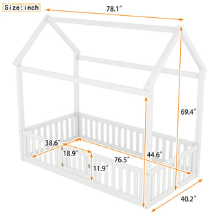 Sunvega Twin Size Wood House Bed with Fence Door and Distressed Washed Design