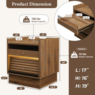 Sunvega Modern Brown Nightstand with Charging Station, Smart LED Lights, and Two Drawers