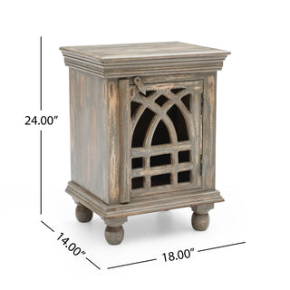 Sunvega Antique Grey Wood Nightstand with Carved Pattern for Bedroom