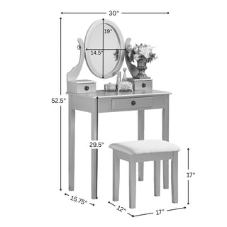 Sunvega Pink Wood Makeup Vanity Table and Stool Set with Mirror and Storage Drawers