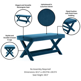 Sunvega Mid-Century Modern Velvet Upholstered Accent Bench with X-Crossed Legs