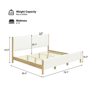 Sunvega Modern White Boucle Upholstered Bed with Rubberwood Legs for King Size