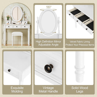 Sunvega Vintage Vanity Desk with Adjustable Mirror, 5 Velvet Drawers, and Cushioned Stool